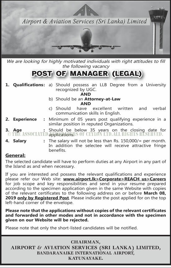 Manager (Legal) - Airport & Aviation Services (Sri Lanka) Limited